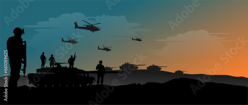 Silhouette Panzer und Kampfhubschrauber mit Soldaten - Militär Einsatz Truppe - Gefecht