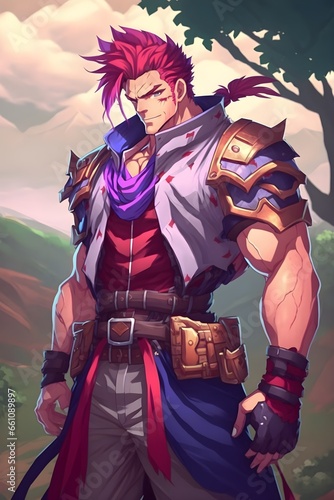 heroic and muscular male dressed in adventurers clothing and armor standing proud and smiling towards the viewer head and waist anime style vibrant colours overwatch style bold lines artstation 