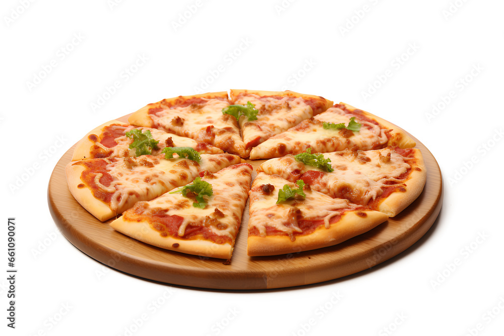 Pizza on a brown wooden tray isolated on a transparent background, Generative AI