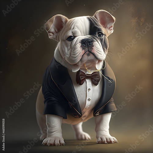 cute puppy bulldog in a tuxedo 