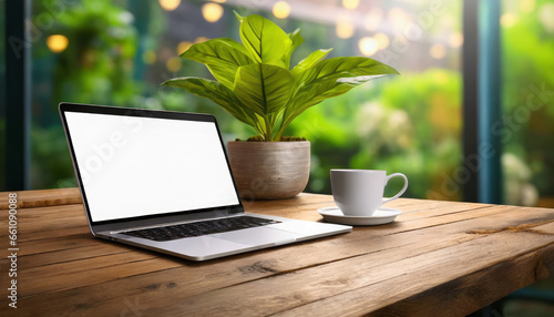 Laptop with blank screen and coffee cup on wooden table in cafe