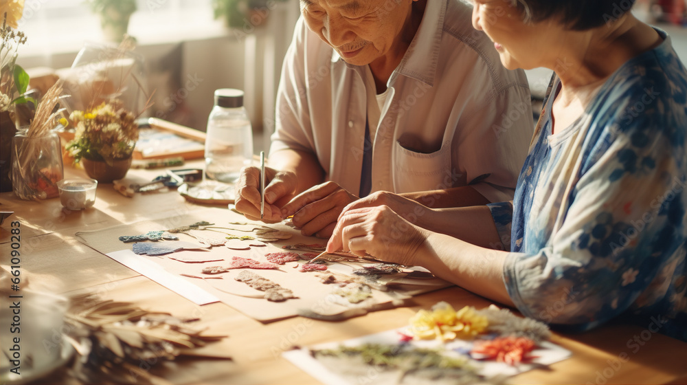 Art Therapy: An elderly individual engages in art activities with a caregiver - obrazy, fototapety, plakaty 