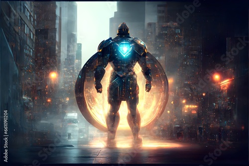 ShieldMan distance view full body hero from distance wide frame aerial view city magnetic field all around distance view battle smog matte painting neon lights Cinematic lighting very detailed hyper 