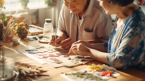Art Therapy: An elderly individual engages in art activities with a caregiver