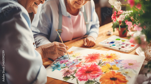 Art Therapy: An elderly individual engages in art activities with a caregiver