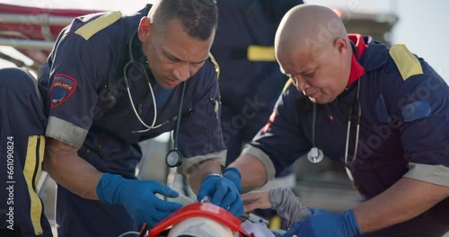 Paramedic, accident victim and life saving with critical or first aid healthcare, stretcher and medical equipment. Emergency rescue service, men and patient with serious injury in ambulance dispatch photo