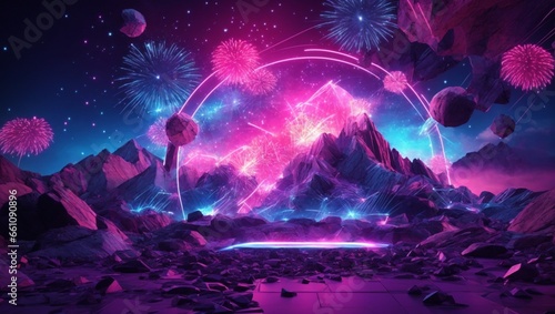 Abstract neon background with pink and blue fireworks over a cosmic landscape framed in UV light within a virtual reality space that includes mountains rocks and a grid
