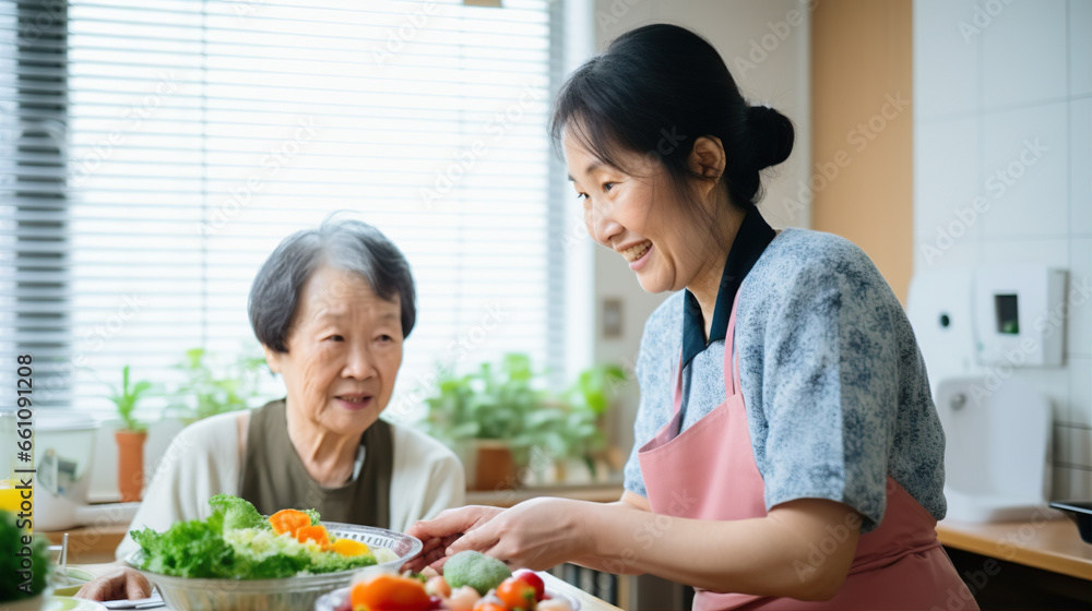Meal Preparation: A caregiver assists in preparing a meal with an elderly person