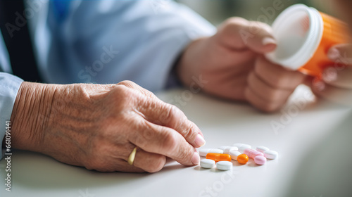 Medication Management: A caregiver assists an elderly person with taking medications photo