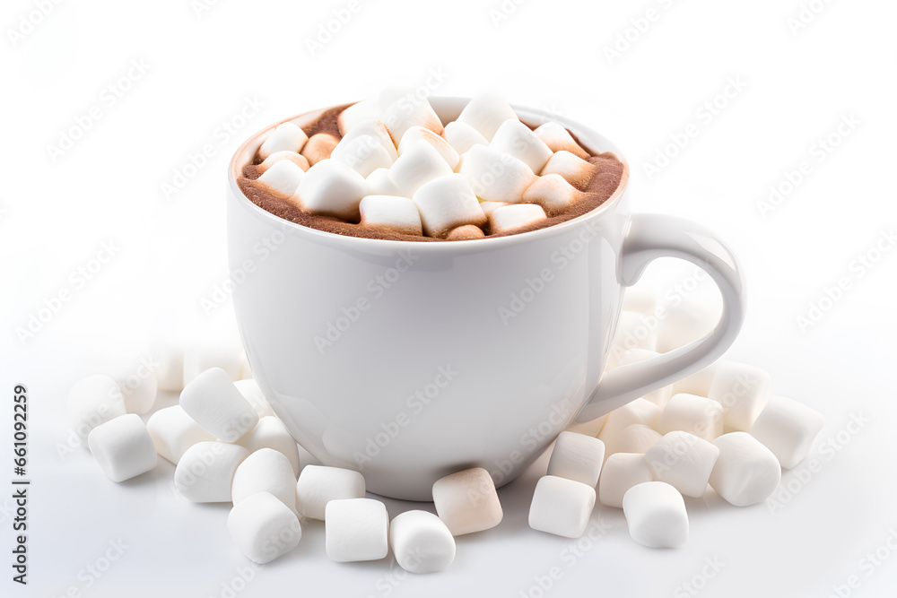 White mug brown liquid topped with marshmallows on white background, Generative AI White mug brown liquid topped with marshmallows on white background, Generative AI