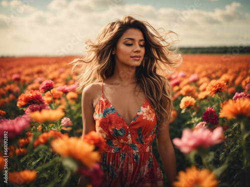 Radiant Woman Embracing the Joys of Summer in a Blossoming Garden