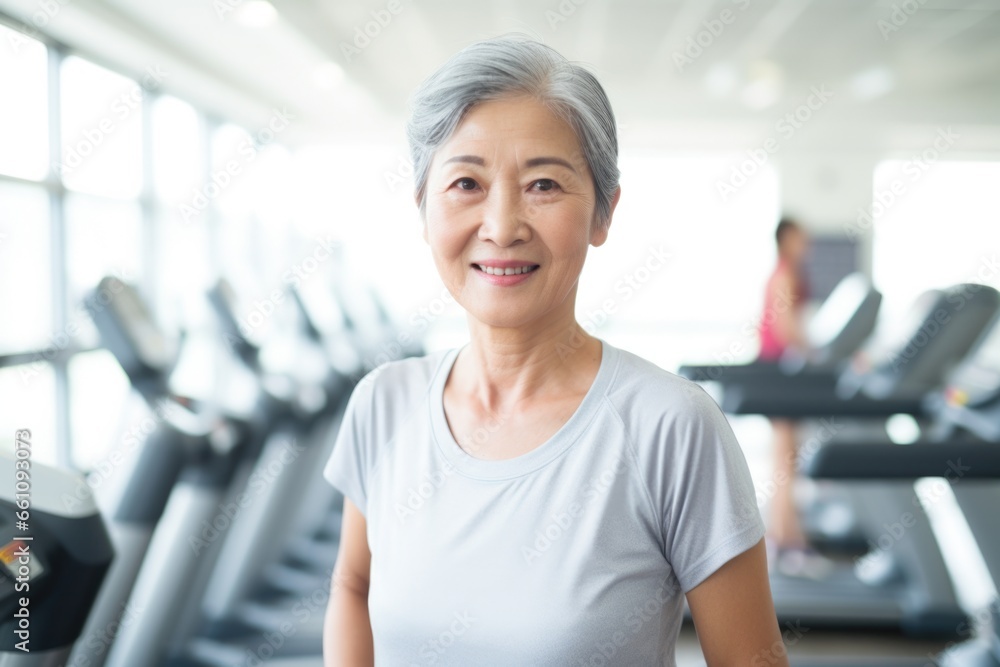senior woman happy expression in a gym. fitness teacher concept. 