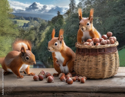 Des écureuils roux entourant un panier en osier rempli de noisettes posé sur une table de jardin dans un cadre naturel photo