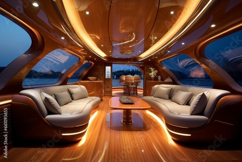 Modern yacht inside with wooden furniture and stylish illumination. Generative AI