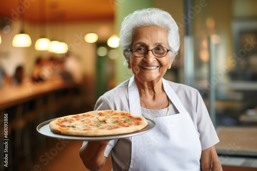 senior woman happy expression and pizza concept .