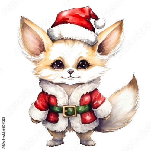 Adorable Winter Animal : Joyful Christmas white fox in Santa Claus Costume © Thanit