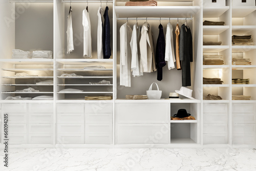 3d rendering minimal scandinavian wood walk in closet with wardrobe © dit26978