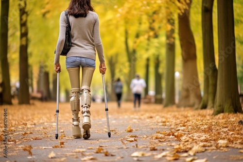 Woman with bionic legs walking. photo