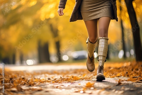 Woman with bionic legs walking. photo