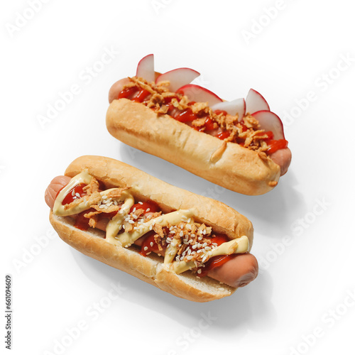 Groumet hot dogs with transparent cutout background and shadow
