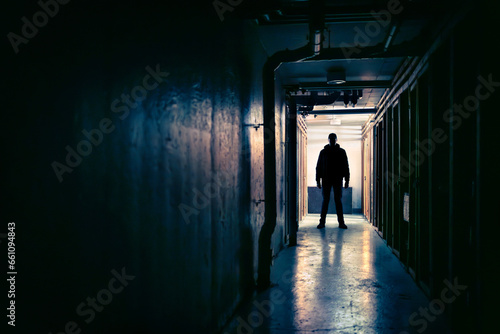 Killer, creepy, scary stalker man in dark corridor. Horror, thriller movie concept. Suspicious silhouette and figure in shadow. Maniac psycho criminal. Spooky mystery stranger at night.