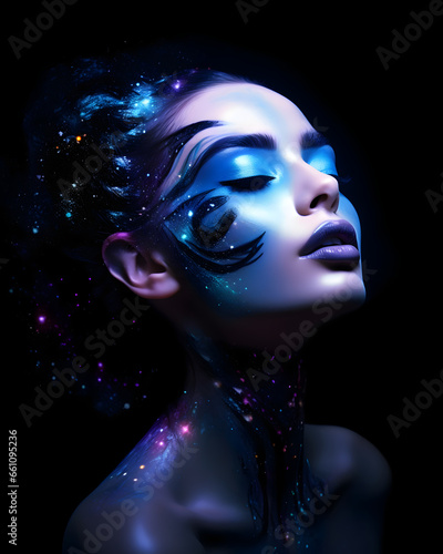 Portrait of a beautiful woman with a magical galaxy face and glitter make up