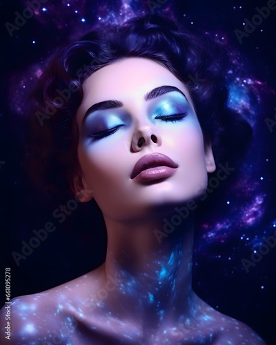 Portrait of a beautiful woman with a magical galaxy face and glitter make up