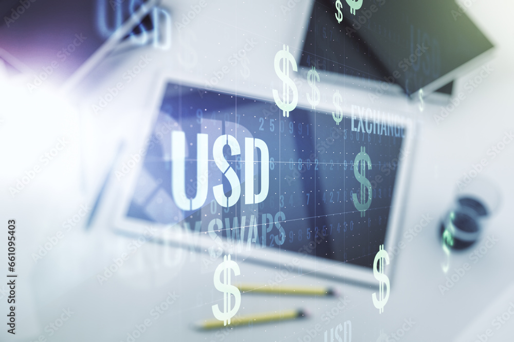 Creative concept of USD symbols illustration and modern digital tablet on background, top view. Trading and currency concept. Multiexposure