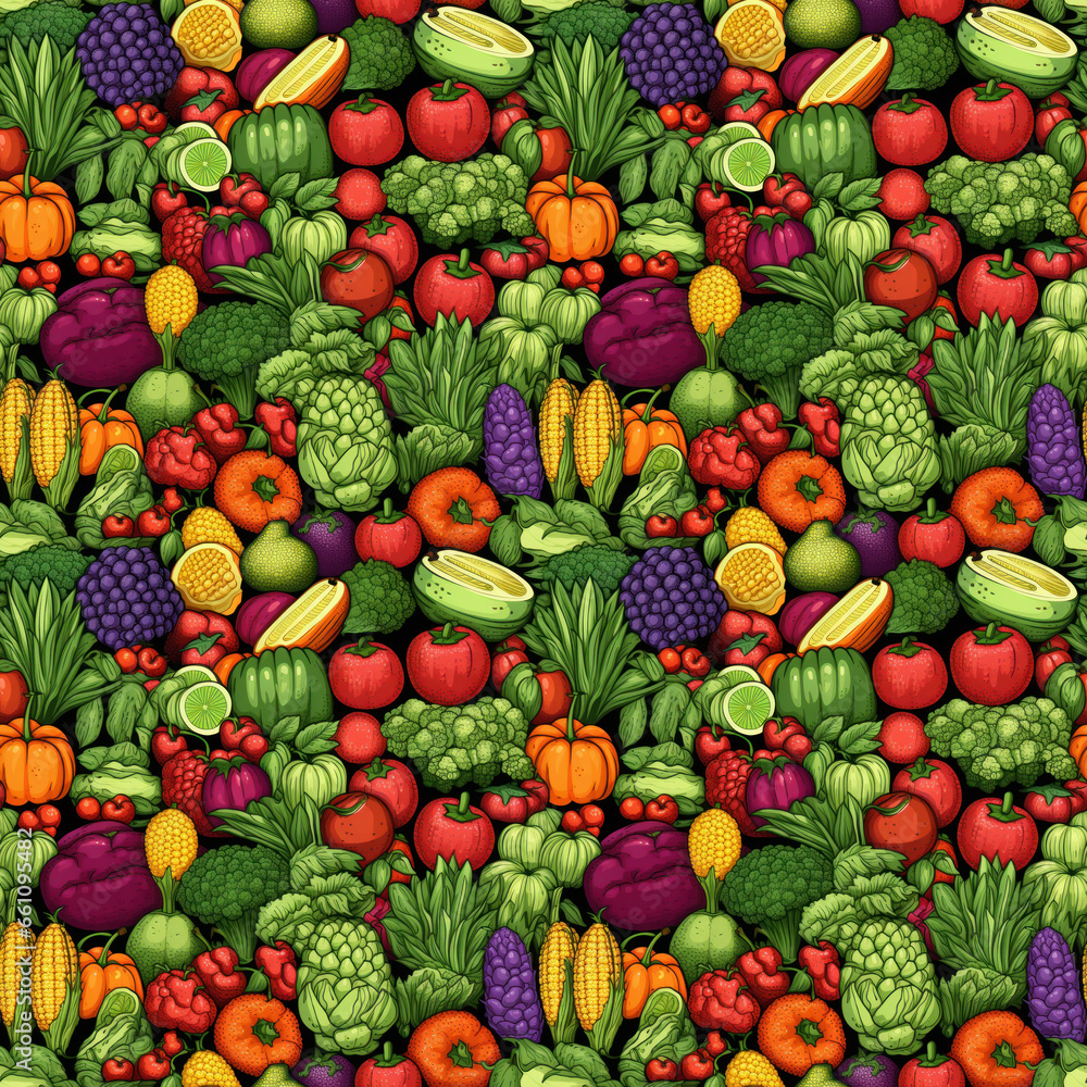 Fruits and vegetables wallpaper seamless pattern on dark background