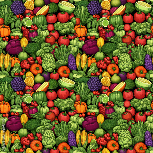 Fruits and vegetables wallpaper seamless pattern on dark background