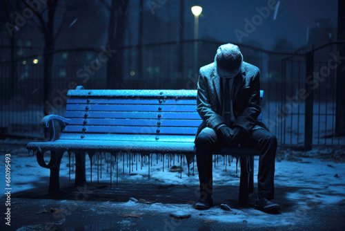 Blue monday concept. Depressed man in suit sitting alone on a bench in the middle of winter photo