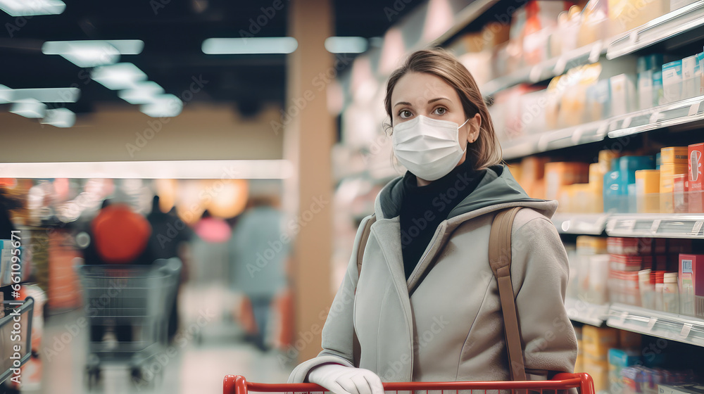 Woman in grocery store wearing a medical face mask. Shopping in epidemic season or flu outbreak. Blurred background, copy space. Woman in grocery store wearing a medical face mask. Shopping in epidemic season or flu outbreak. Blurred background, copy space.