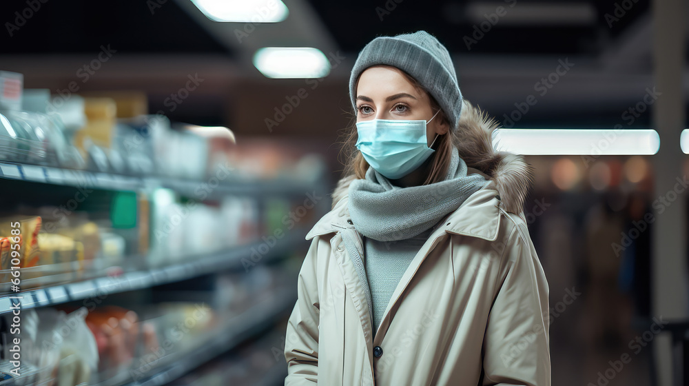 Woman in grocery store wearing a medical face mask. Shopping in epidemic season or flu outbreak. Blurred background, copy space. Woman in grocery store wearing a medical face mask. Shopping in epidemic season or flu outbreak. Blurred background, copy space.