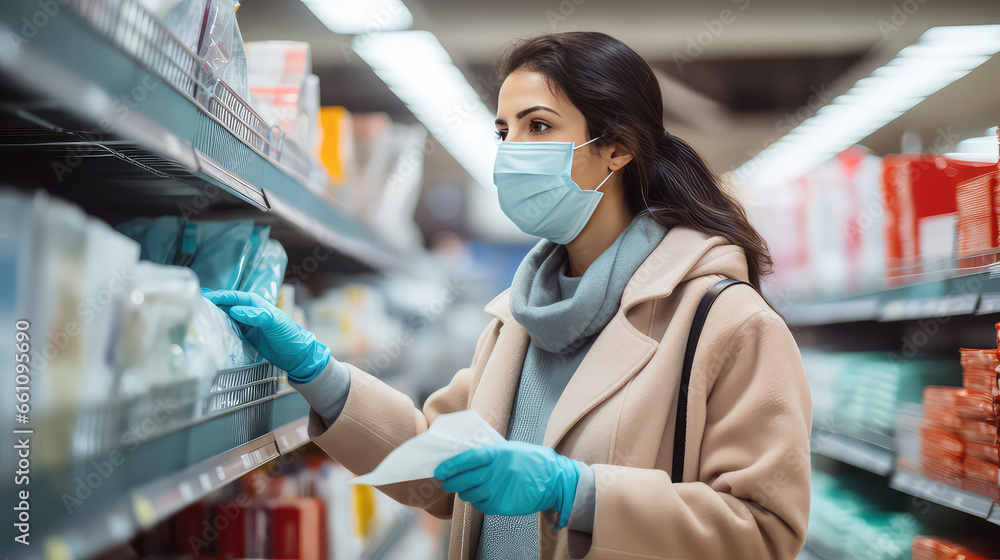 Woman in grocery store wearing a medical face mask. Shopping in epidemic season or flu outbreak. Blurred background, copy space. Woman in grocery store wearing a medical face mask. Shopping in epidemic season or flu outbreak. Blurred background, copy space.