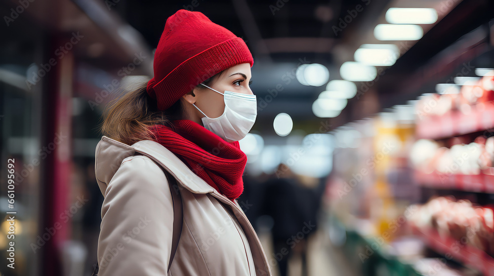 Woman in grocery store wearing a medical face mask. Shopping in epidemic season or flu outbreak. Blurred background, copy space. Woman in grocery store wearing a medical face mask. Shopping in epidemic season or flu outbreak. Blurred background, copy space.