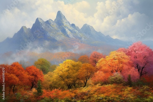 An autumn mountain painting with colorful leaves. Generative AI