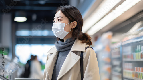 Woman in grocery store wearing a medical face mask. Shopping in epidemic season or flu outbreak. Blurred background, copy space.