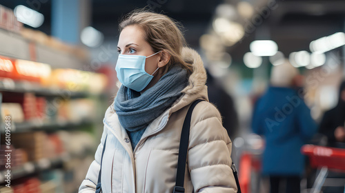 Wallpaper Mural Woman in grocery store wearing a medical face mask. Shopping in epidemic season or flu outbreak. Blurred background, copy space. Torontodigital.ca