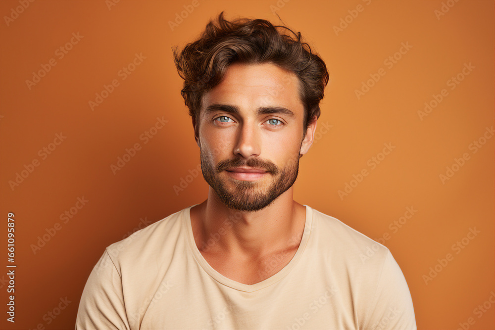 Generative AI portrait of a very handsome brown hair man isolated on beige background Generative AI portrait of a very handsome brown hair man isolated on beige background