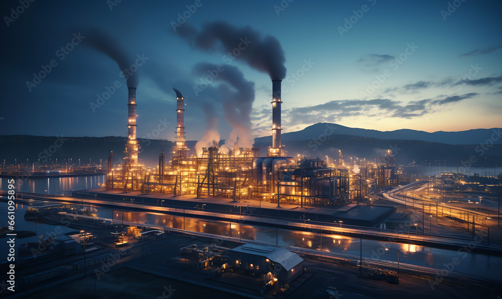 Panoramic view of gas turbine electrical power plant in twilight sky background, industry concept
