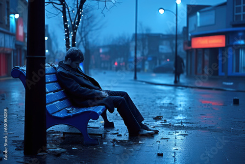 Blue monday concept. Depressed and sad young man sitting on a bench alone. photo