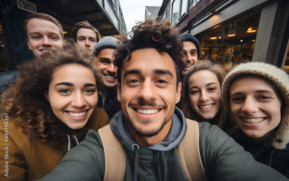 student guys and girls taking selfie outdoors student guys and girls taking selfie outdoors