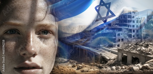 double exposure Spirituality and young people and Destroyed house with the Israeli flag , concept of war in Israel.Girl praying at home alone. photo