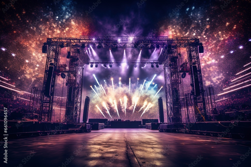 festival or music stage with fireworks and bright lights