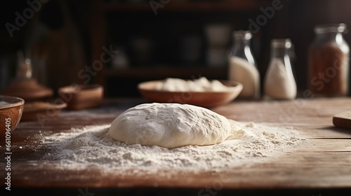 Ball of raw yeast baking dough with white wheat flour on wooden table