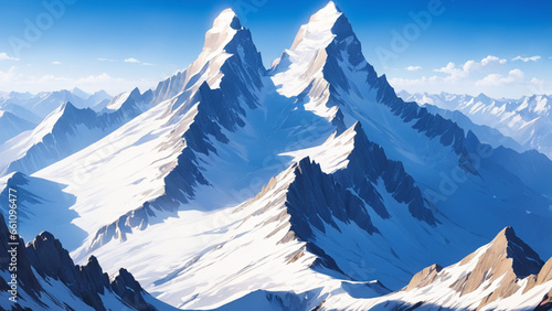 The mountainous majesty of towering mountains Snow-capped peaks  rugged cliffs and clear blue skies create a majestic landscape that evokes a sense of awe and wonder. Generative AI  Generative  AI