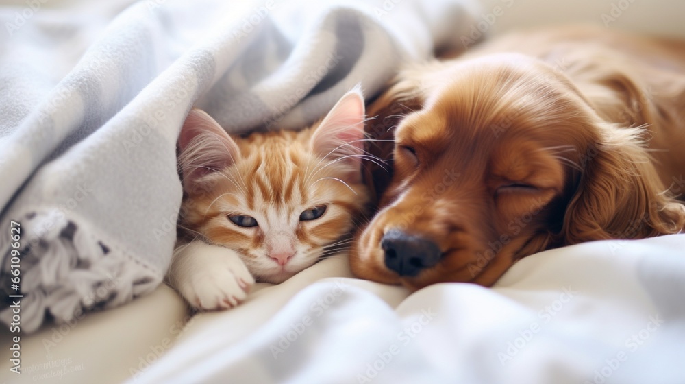 Cute kitten sleeps under ear of a English Cocker spaniel puppy. Pets sleep together under white warm blanket on a bed at home.