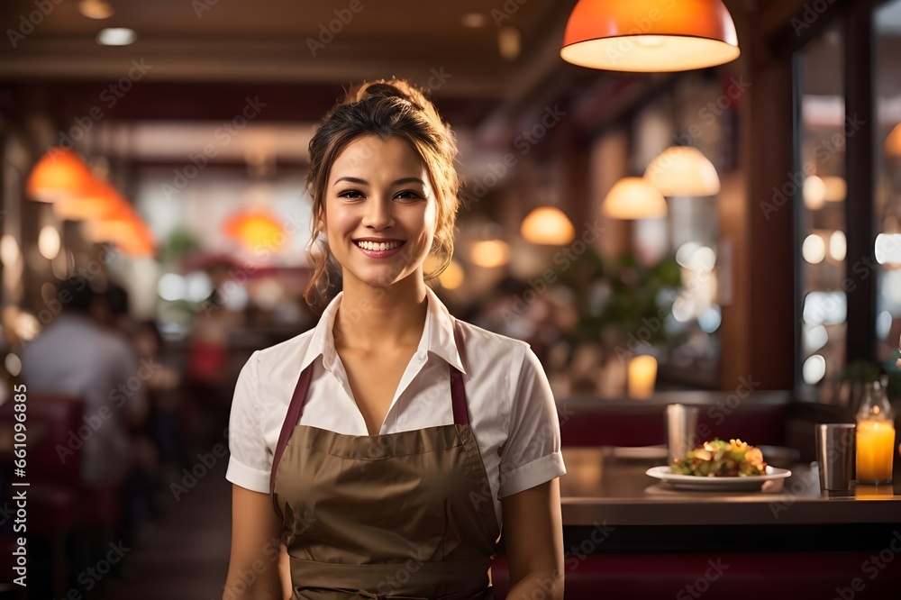 woman in a restaurant- Cheerful female waiter smiling, offering excellent service at a restaurant. woman in a restaurant- Cheerful female waiter smiling, offering excellent service at a restaurant.