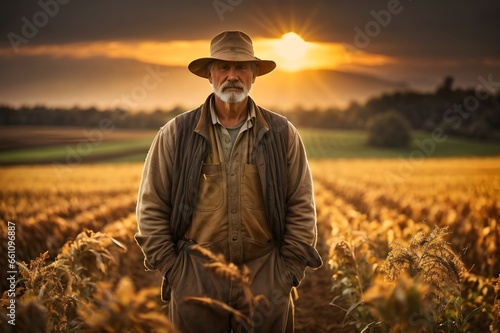 cowboy on a field - Farm Worker at Sunset Tending to Crop in Agricultural Field © Unsake
