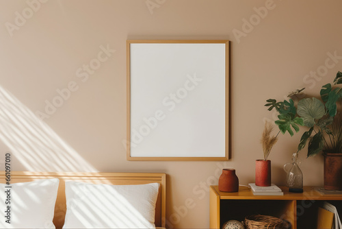 minimalist Scandinavian interior bedroom daylight frame canvas mock up in a curated cozy room setting, bohemian boho style with natural light and shadows editorial film look magazine home